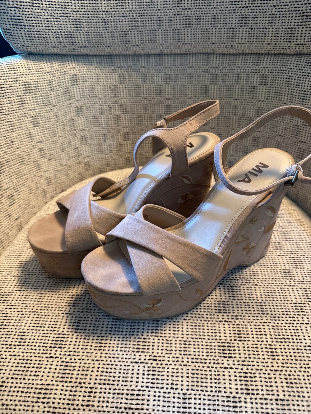 MIA Taupe Suede Floral-Embellished Platform Wedge Sandals